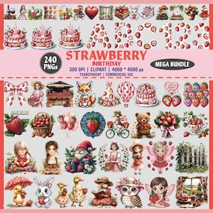 Mega Bundle di Clipart PNG di FRAGOLE, Set di Clipart di Compleanno di Fragole, Carini PNG di Bacche Rosse, Grafica per Feste per Bambini, Numeri dell&#39;Alfabeto, Trasparente