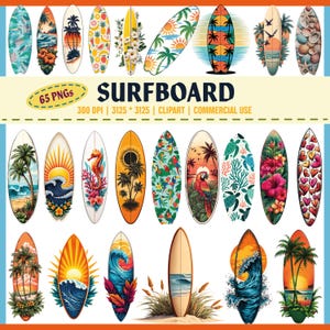 Surfbrett Clipart Bundle - 65 PNGs | Tropische Surfbrett Illustrationen | Strand Sommer Sublimations Designs | 300 dpi Kommerzielle Nutzung,