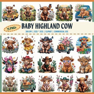 Baby Highland Cow PNG Clipart, Spring Highland Calf PNG, Cowgirl Animal Graphics, Cute Farm Animal Clipart, Summer Cow Sublimation, 300 DPI,