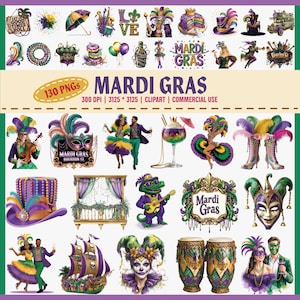 Aquarel Mardi Gras-clipartbundel, carnaval PNG-set, Bourbon Street Art, maskerade-graphics, Jazz Party Elements, Fat Tuesday png,