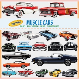 Aquarel Muscle Car PNG-bundel, klassieke auto's clipart set, retro auto-graphics, vintage auto kunst, afdrukbare Muscle Cars Pack, digitale download