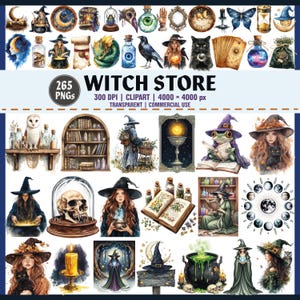 WITCH STORE – 265 Cliparts 300 DPI, Magical Potion Shop Png Witchcraft Elements Cauldron Black Cat Crystals Moon Phase Art,Vintage Magic Art