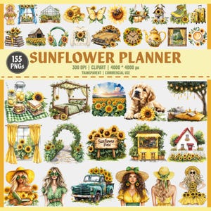Zonnebloem planner clipartbundel | 155 png-bestand | Zonnebloem esthetische stickers | Cottagecore-clipart | Zonnebloemmode meisjes, zomer boho bloemen