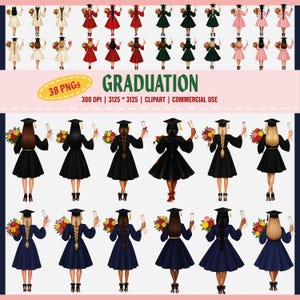Graduierung Mädchen Clipart, schwarzes Kleid graduiert PNG, marineblaues Kleid Clipart, blondes Haar graduiert, Blumenstrauß PNG, rotes Kleid Abschlussfeier,