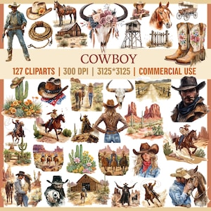 Paquete de imágenes prediseñadas de vaquero occidental, acuarela PNG / Vaquera PNG, gráficos de vaquero / Sombrero de vaquero rústico occidental, botas, caballo, imágenes prediseñadas, uso comercial