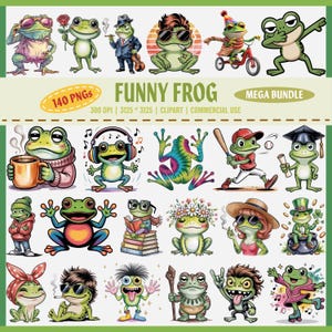Funny Frog Clipart Bundle, 140 PNG Cute Frogs, Cartoon Animals, Silly Frog Art, T-Shirt Stickers, Hippie Frogs, Dancing Frogs, Retro Frog,