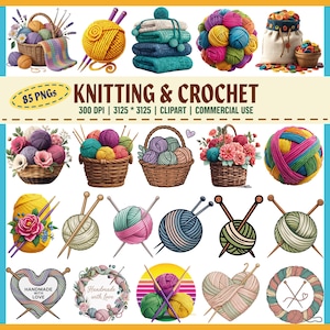 Stricken und Häkeln Clipart Bundle, Garnknäuel Clipart, Häkelnadel und Stricknadeln PNG, Handgemachtes Handwerk Clipart, kommerzielle Nutzung, 85 PNG