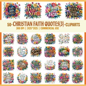 50 citazioni di fede cristiana PNG Clipart Bundle, versetti della Bibbia floreali Clipart, detti ispiratori cristiani, sublimazione religiosa ad acquerello