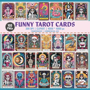 Pacote de Cliparts Engraçados de Cartas de Tarô – 105 PNG | Caveira de Esqueleto Sarcástica e Palavrões, Tarô de Bruxa Sarcástica, Arte de Esqueleto do Dia dos Mortos