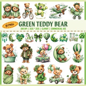Green Teddy Bear Clipart Bundle, 81 PNG, Watercolor Nursery Clip Art, Baby Shower Decor, Sublimation Graphics, Cute Teddy, Commercial Use,