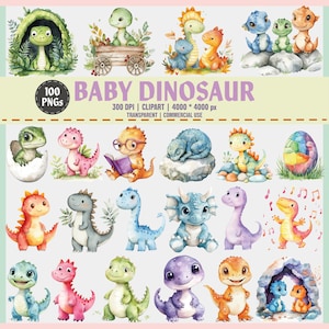 Paquete de imágenes prediseñadas de dinosaurios bebés / 100 adorables imágenes PNG de dinosaurios / Imágenes prediseñadas infantiles en acuarela / Sublimación e imprimibles / Uso comercial, 300 DPI