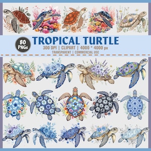 Tropische Schildkröte Clipart-Bundle - 80 PNG | Blumen Meeresschildkröten | Korallen Schildkröten Kunst | Aquarell Meeresschildkröte | 300 DPI Kommerzielle Nutzung