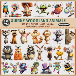 Lot de cliparts originaux d'animaux des bois – 255 PNG | Créatures drôles de la forêt | Ours lunatique forêt drôle de renard, animaux de dessin animé PNG,