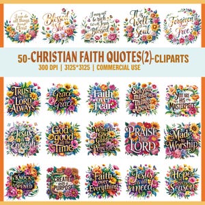 50 citazioni di fede cristiana PNG Clipart Bundle, versetti della Bibbia floreali Clipart, detti ispiratori cristiani, sublimazione religiosa ad acquerello