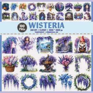 Glyzinien Blumen Clipart Bundle - 100 PNG | Lila Blumen Feengarten, Wichtel, Fenster, Korb | Transparent, blumig, Hochzeit, Sublimationsset