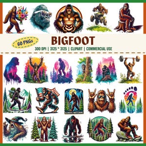 Bigfoot-clipartbundel PNG – aquarel Bigfoot-illustraties – wandelen Camping Bigfoot Art – Sasquatch-sublimatieontwerpen – commercieel gebruik