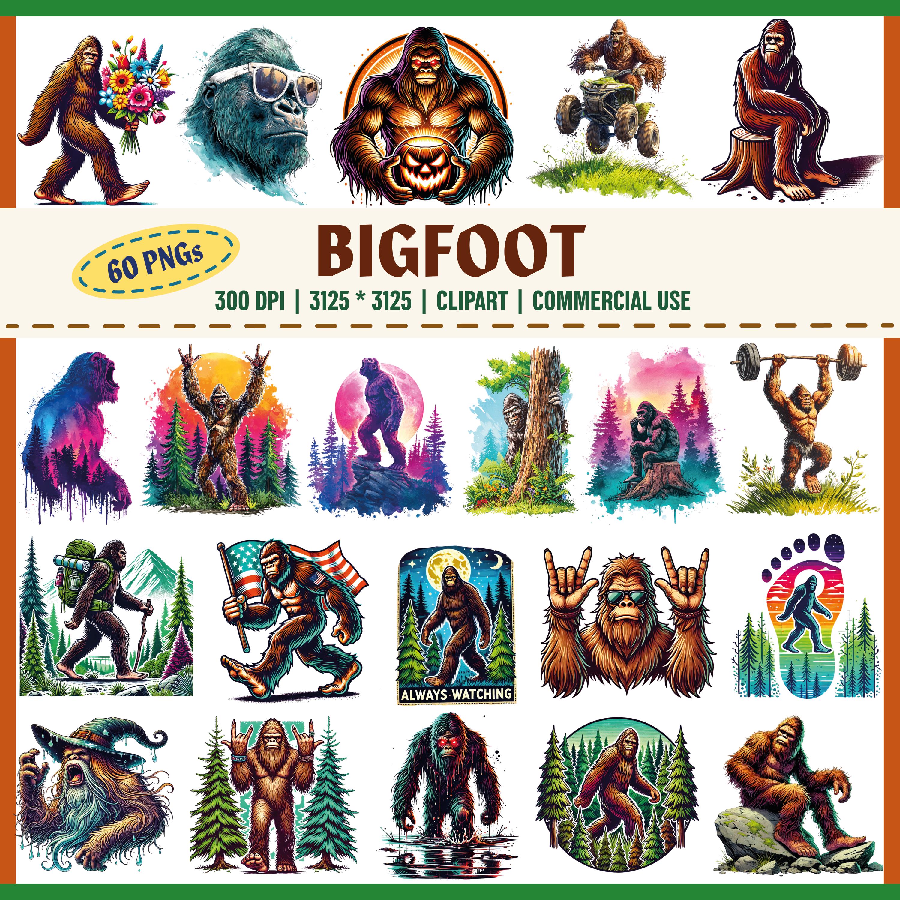 Bigfoot Clipart Bundle PNG – Watercolor Bigfoot Illustrations – Hiking Camping Bigfoot Art – Sasquatch Sublimation Designs  – Commercial Use