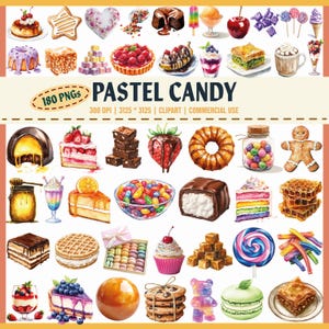 Pacote de clipart de doces pastéis, 180 doces PNG, macarons, cupcakes, sorvetes, ursinhos de goma, bolos, algodão-doce, pirulitos, biscoitos, guloseimas