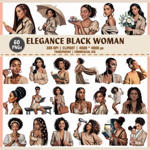 Elegant Black Woman Clipart Bundle – 60 PNG | Afro Woman Aesthetic | Black Girl Neutral Elegance Clipart | 300 DPI | Transparent Background