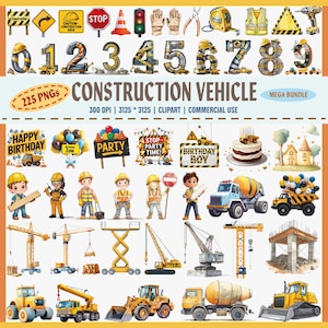 Clipart véhicule de construction PNG, Anniversaire de la construction, aquarelle de véhicules, fête d'anniversaire, outils, camions, ensemble de construction enfants, bulldozer de camions