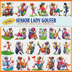 Schickes Senior Lady Golfer Clipart PNG Bundle, lustige alte Golf Frau PNG, bunte Oma spielen Golf Art, coole weibliche Golfer Clipart, 300 DPI