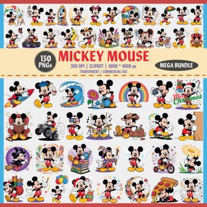Pacchetto Clipart di Topolino / 150 PNG / Simpatico Topolino Disney dei cartoni animati / Compleanno, Natale, Estate, Magia, Set PNG trasparenti