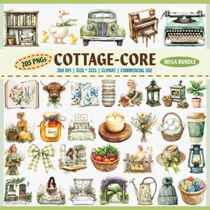 Aquarelle Cottagecore Clipart PNG Bundle, clipart cottage rustique, ferme PNG, clipart esthétique vintage, clipart décoration de jardin, maison confortable