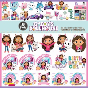 Pacote de clipart de aniversário da casa de bonecas da Gabby – 55 PNG, Gabby Dollhouse PNG, Gabby clipart Art, Gabby Dollhouse Shirt PNG, Tumbler Dollhouse,
