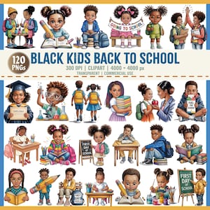 120 PNG Black Kids Back to School Clipart Bundle, Black Girls and Boys, Afro American Kids, Teacher Student, First Day of School Clipart