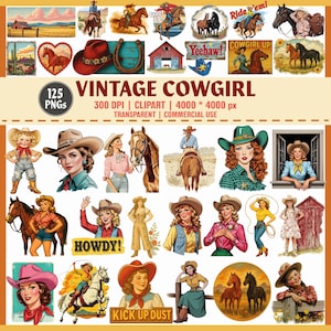 Vintage Cowgirl Clipart Png Bundle - PNG occidentaux, illustrations de cow-girl rétro, country Western numérique, téléchargement numérique pour un usage commercial