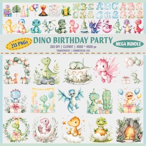 恐竜の誕生日パーティー用クリップアートセット、水彩画風のかわいい赤ちゃん恐竜PNG、子供の誕生日用昇華転写、風船、ギフト、緑、ピンク、青の恐竜、