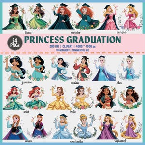 Lot de cliparts princesse remise des diplômes | 24 PNG | Motifs princesses Disney pour l'obtention du diplôme | Utilisation commerciale | Téléchargement instantané | Art mignon de remise des diplômes