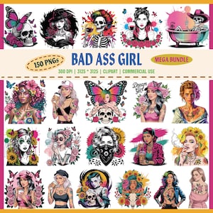 Bad Ass Bitch Clip Art PNG, Girl With Tattoos Art, Create Your Own Designs, Sublimation,Commercial Use Clipart,Coffee Girl Alternative Style