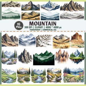 Watercolor Mountain Vistas Clipart Bundle - Alpine Pond Watercolor Clipart - Mountain Landscape PNG - Forest Nature Scene - Outdoors Art