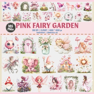 Pakiet clipartów Pink Fairy Garden – 105 PNG | Urocze wróżki, kwiaty, latarnie | Pastelowa sztuka akwarelowa do sublimacji, koszulki