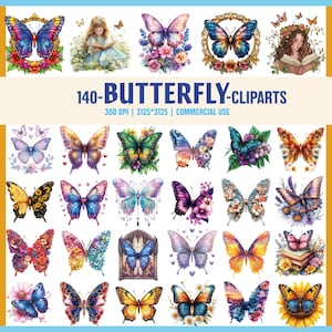 140 Aquarell Schmetterlinge Clipart-Bundle, bunte Schmetterlinge Png, Blumen Schmetterling Clipart, niedliche Schmetterlinge, botanische Schmetterlinge Png,