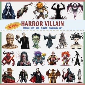 Horror Villain Clipart, Scary Movie Characters, Halloween PNG, Killer Doll Art, Creepy Face Illustration, Bloody Masked Killer,Ghost Clipart