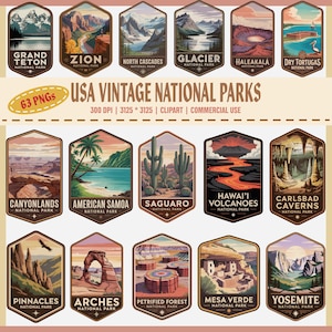 Vintage nationale parken VS, alle 63 clipart, png, Amerikaanse nationale parken, 300 dpi png-bestanden – zeshoekige zeshoekinsignes – commercieel gebruik