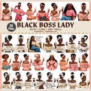 Black Boss Lady Clipart-Bundle, 30 PNG, Afro Frau Clipart, Black Girl Boss Clipart, Selbstliebe Mode PNG, kommerzielle Nutzung, Black Girl Magic