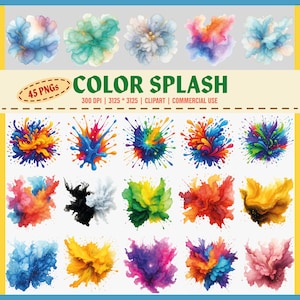 Clipart di schizzi di colore in formato PNG, schizzi di inchiostro astratti, esplosione di vernice in formato PNG, clipart di schizzi di acquerello, gocce di inchiostro artistiche, 300 DPI, uso commerciale