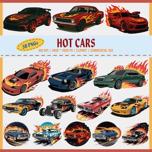 Hot Cars Clipart Bundle, Flaming Muscle Car PNG Set, Race Car Graphics, Classic Cars, Cartoon Fire Car Clipart, T-Shirt Sublimation Pack