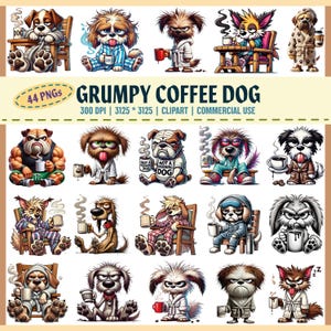 Grumpy Coffee Dog PNG Clipart Set, Cute Cartoon Pet Puppy PNG Bundle, Funny Animal PNG Design For Shirts, Commercial Use Instant Download,