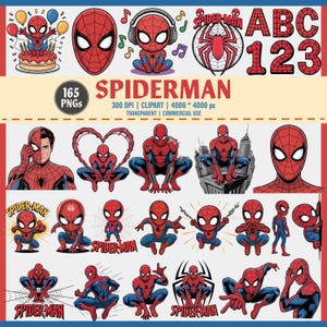 Paquete de imágenes prediseñadas de Spider-Man: Bebé Spiderman (PNG), 165 PNG / Alfabeto de superhéroes y clip art de cumpleaños para niños / 300 dpi, transparente, uso comercial