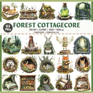 Forest Cottagecore Clipart Bundle Woodland Animals Fairy House Books Nature Aesthetic PNG Set for Stickers Crafts and More