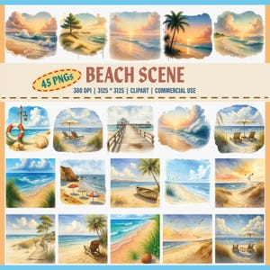 Paquete de imágenes prediseñadas de escenas de playa, imágenes prediseñadas de playa PNG, imágenes prediseñadas de atardecer tropical, paisaje costero, arte de palmeras, vista al mar, ilustración de playa de verano,