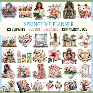 Lente planner clipart, lezing clipart, planner meisje, boekenliefhebber, aquarel lente junkjournal stickers, scrabooking, commercieel gebruik,