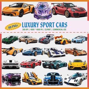 Aquarel luxe sportwagen clipart, supercar png-bundel, exotische auto png's, hypercar kunst, auto-illustraties, raceauto's, Ferrari, Porsche, McLaren