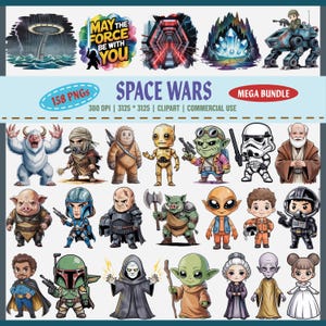 Space Wars Clipart Bundle, 158 Star Wars PNG Mega Set, Baby Yoda Aufkleber, Galaxy Schiffe, Sith Jedi, Chibi Space Art, kommerzielle Nutzung, 300 DPI