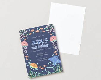 Modèle d'invitation de fête d'anniversaire d'enfants sur le thème de l'océan pour le premier anniversaire