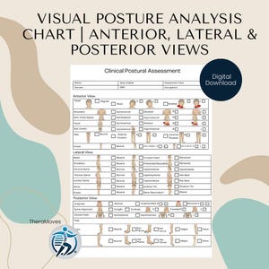Pode incluir: Um gráfico de análise postural visual com vistas anterior, lateral e posterior. O gráfico inclui um formulário de avaliação postural clínica com seções para cabeça, ombros, tronco, quadris e joelhos. Um botão de download digital é visível.